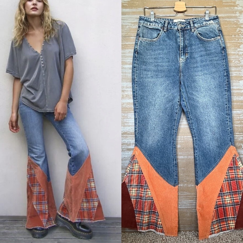 Free People Blue Denim Flare Jeans with Orange Plaid & Corduroy Panels
